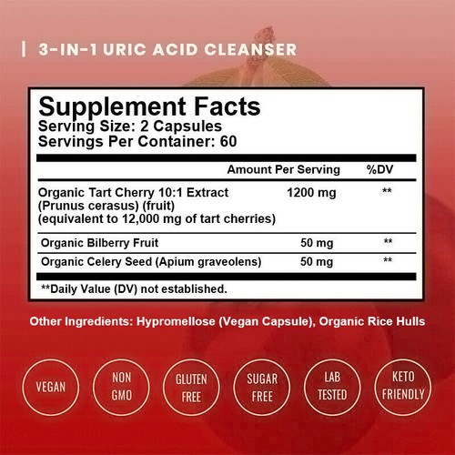 Organic Tart Cherry Extract Capsules, Cleanse Detox, Gout Relief, Urinary Health - Picture 4 of 7