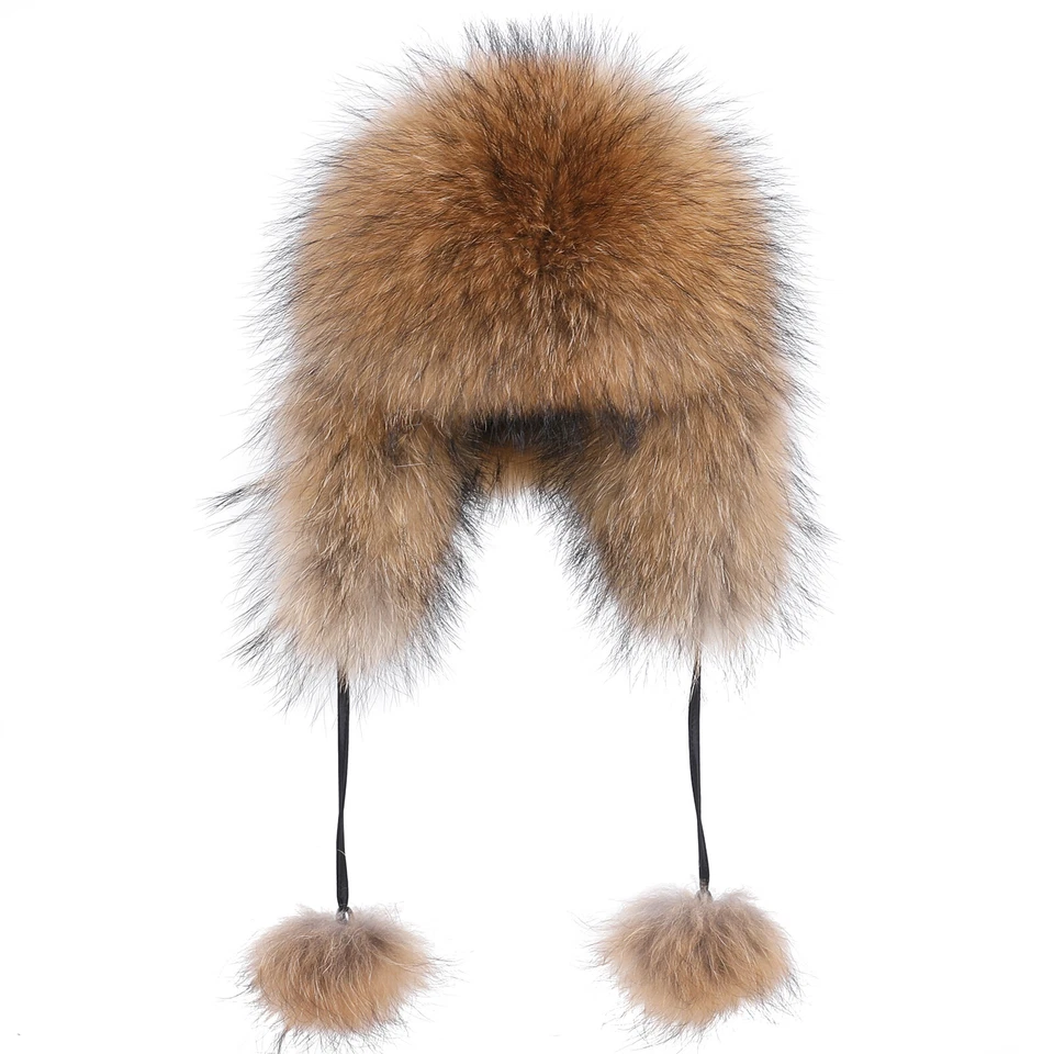 Sombrero de trampero de piel de zorro real para mujer piel de mapache ruso Ushanka oreja solapa gorra de bombardero Foto 4 de 4
