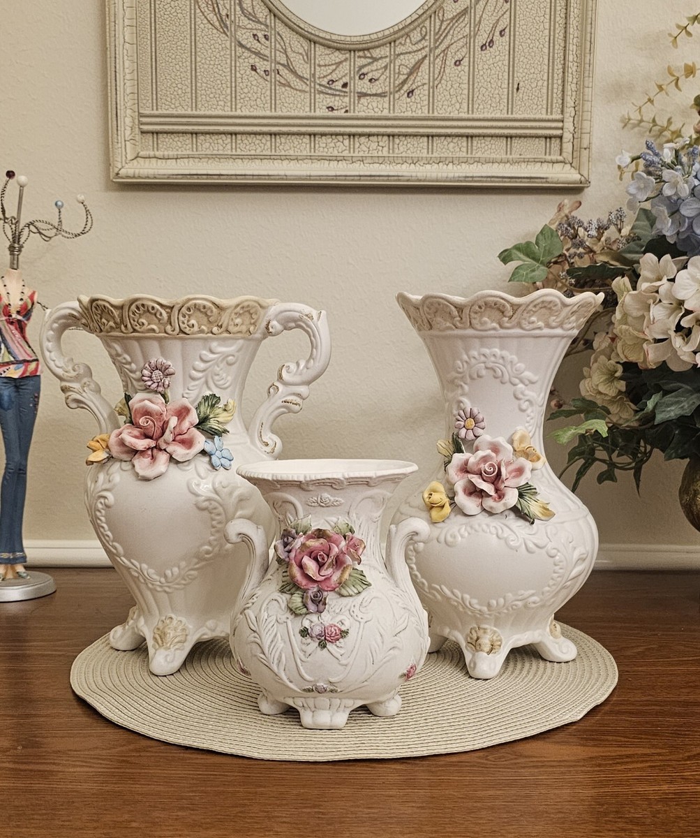 made in italy 花瓶 Vintage CapodimonteVases ColorfulDimensional Roses.Stamp on