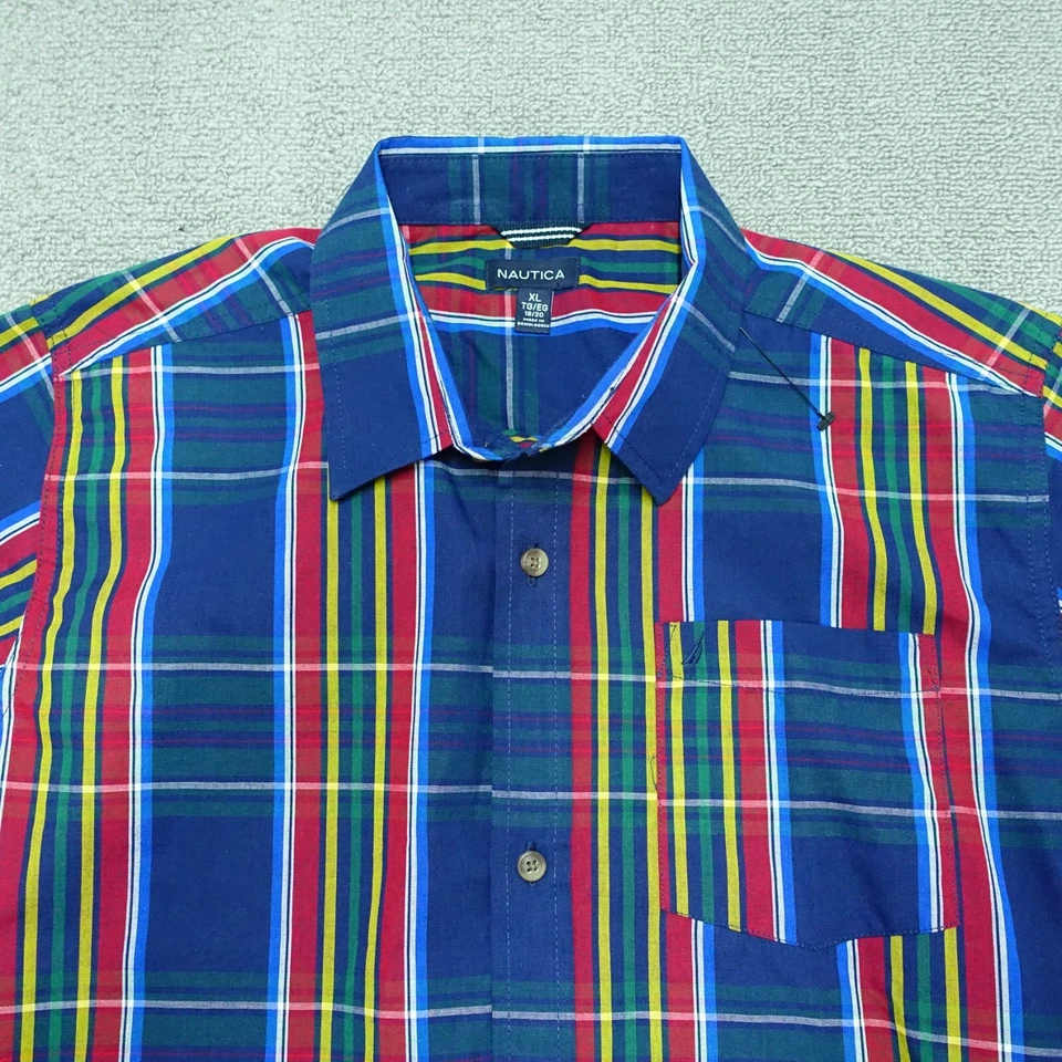 Nautica Button-Up Shirt Boys Size Xl 18/20 Red Blue Plaid Long Sleeve Cotton - Image 2 of 4