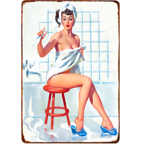 Vintage Pinup Girl Metal Sign Bathing Beauty 1950s Reprint, 12" X 8" Bath Decor