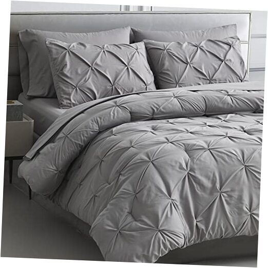 Comforter Set - 7 Pieces Pintuck Bed in A Bag Pleat Pinch - Queen Grey