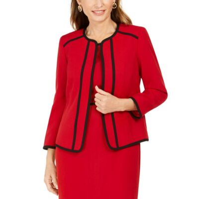 KASPER NEW Women's Fire Red/black Piping-trim Collarless Jacket
