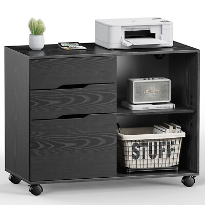 Wood File Cabinet with 3 Drawers - Rolling Printer Stand for Under Desk Storage