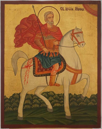 Holy Great Martyr Menas of Egypt Icon Hand-Painted Byzantine Orthodox Christian  - Afbeelding 1 van 5