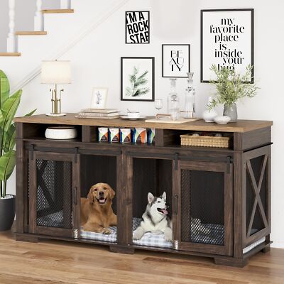 Large Wooden Dog Crate Furniture ,Indoor Dog Kennel Dog Cage w/Removable  Divider
