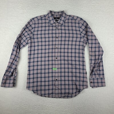 Hugo Boss Dress Shirt Mens Large Blue Purple Brown Plaid Slim Fit