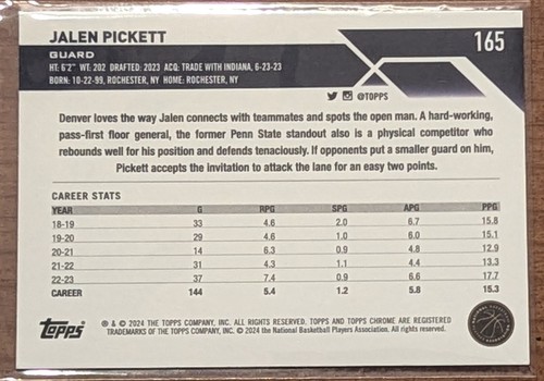 JALEN PICKETT 2023-24 Topps Chrome RC Green Logo Refractor #165 Denver Nuggets - Picture 2 of 2