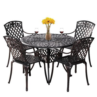 5 Pc Cast Aluminum Outdoor Patio Dining Set 4 Chairs 42 Inch Round Table