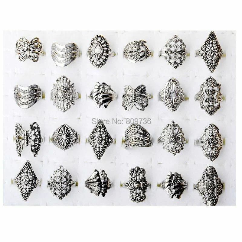 30 piezas Anillos Tíbet Vintage Dijes Flores Boda Hueco Banda Anillo Joyería para Mujer Foto 2 de 4