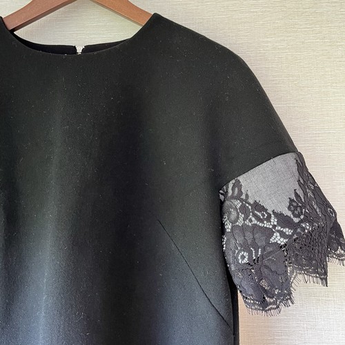 Cue Size 14 Black Thick Wool Blend Dress Short Lace Sleeves With Pockets - Picture 4 of 12