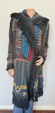 Johnny Was BIYA Gray Butterfly Embroidered Fringed Hooded Duster Jacket Coat M