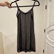 Women's Black Sheer Mesh Polka Dot Full Slip Lace, Adjustable Straps Sz S