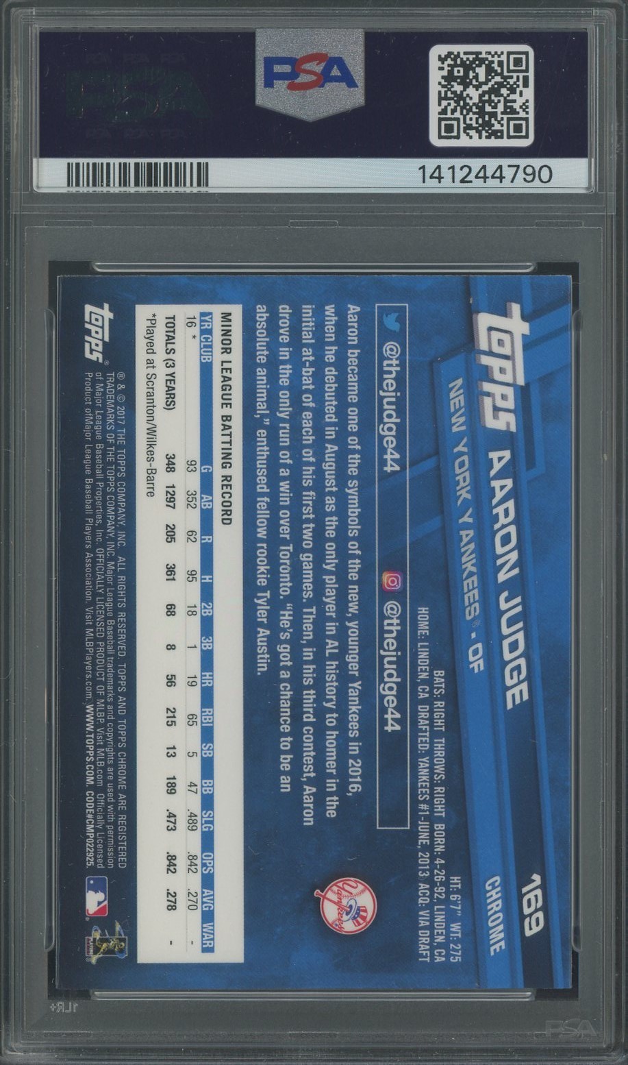 2017 Topps Chrome #169 Aaron Judge Yankees RC Rookie PSA 10 GEM MINT view 2