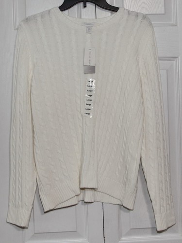Charter Club Crew Neck White Cotton Cable Sweater Sz L NWT - Picture 4 of 5