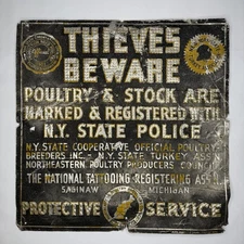 Antique 1930s New York State Police Poultry Protective Service Tin Sign 18"x18"