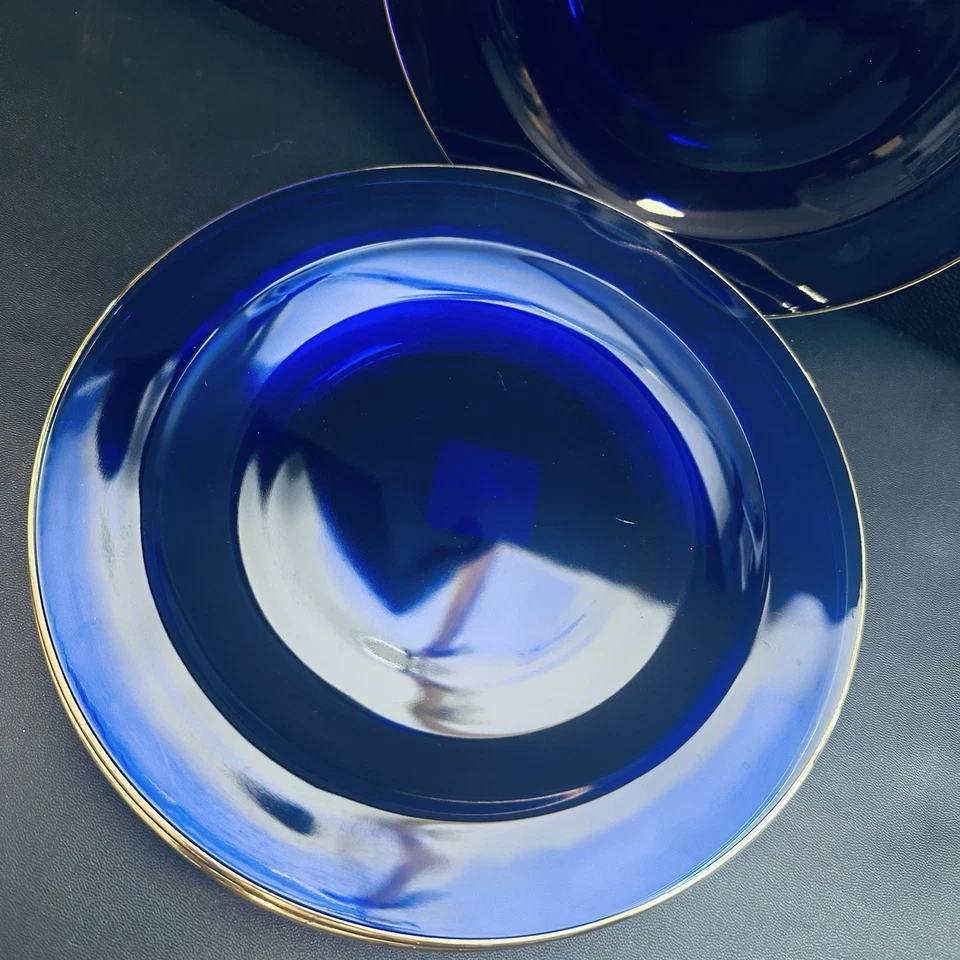 4 Cobalt Blue Glass Salad Plates Gold Rim Plate Set Vintage 8” - Image 4 of 4