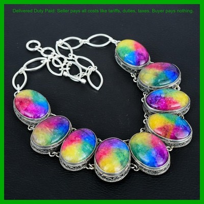 Natural Rainbow Solar Quartz Druzy Vintage Wife Gift Chain Necklace 925 Silver