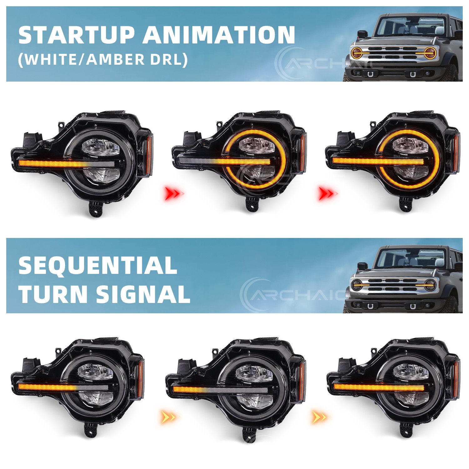 Pair Dynamic LED Headlights For 2021-2025 Ford Bronco Amber/White DRL Headlamp