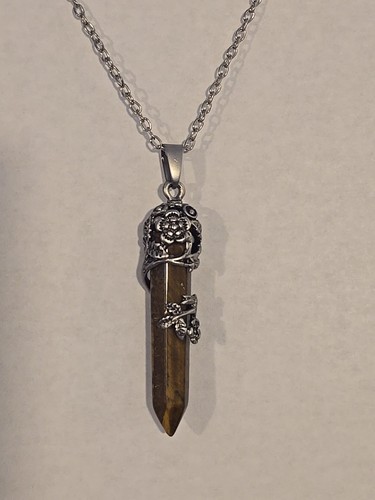 Tiger's Eye Faceted Point Pendant Silver Wrap Rose Flower Necklace - Foto 1 di 8