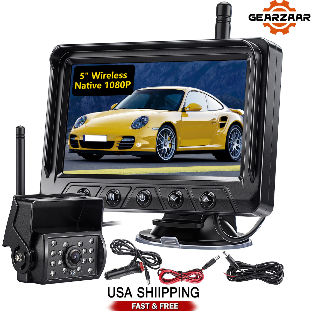 Wireless Solar Backup Camera Magnetic Base 5" Monitor 1080P 