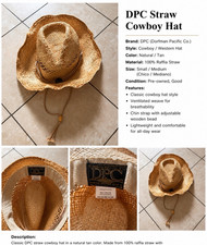 DPC Raffia Straw Cowboy/Western Hat Natural Tan S/M Chin Strap Wooden Bead
