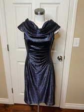Tahari ASL Shimmering Dark Icy Blue Draped Dress, Size 6