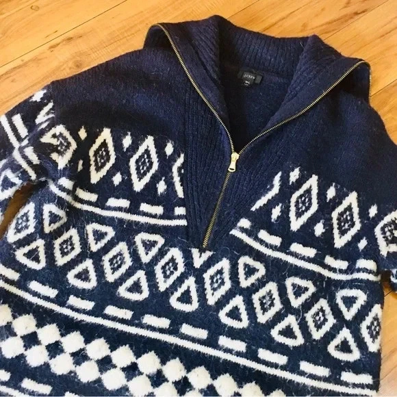J Crew shrug poncho sweater Alpaca merino wool ski lodge style blue white medium