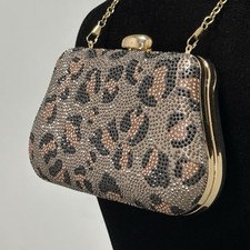 New Leopard Print Structured Bag Small Purse Clutch W Shimmery Rhinestones Gold