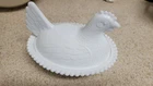Vintage Indiana Glass White Milk Glass Hen on Nest 7" Beaded Rim Candy Dish