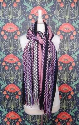 Missoni Wool Blend Colorful Chevron Zigzag Long Black Purple Green Beige Scarf