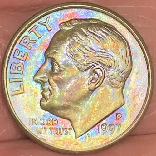 1997-P Roosevelt Dime Beautiful Lustrous Gold/Rainbow Toned Coin VF #10