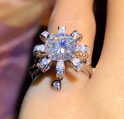 Unique Round Cut Lab Created Diamond 14K White Gold FN Flower Wedding Ring