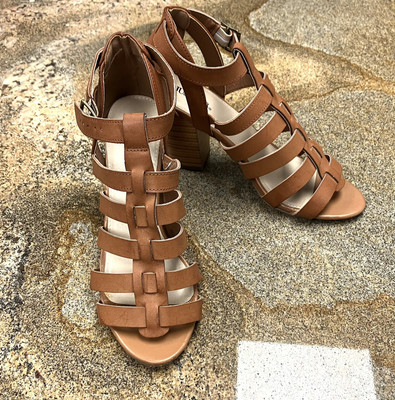Just Fab Brown Strappy Block Heel Sandals Gladiator Shoes Size 9 Faux Leather