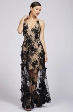 Dress The Population Sidney Black Nude Sz Medium V-neck Lace A-line Gown 328