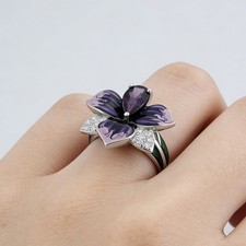 Elegant Enamel Flower Wedding Engagement Band Ring for Women White Gold Plated