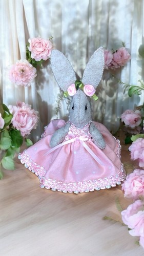 Felt Easter Bunny In Pink Dress-One Of A Kind Handmade Bunny - Picture 1 of 10