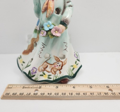 Ceramic Girl W/ Bunny Dress Flowers Pastels Garden Tealight Easter clayworks? - Picture 6 of 9