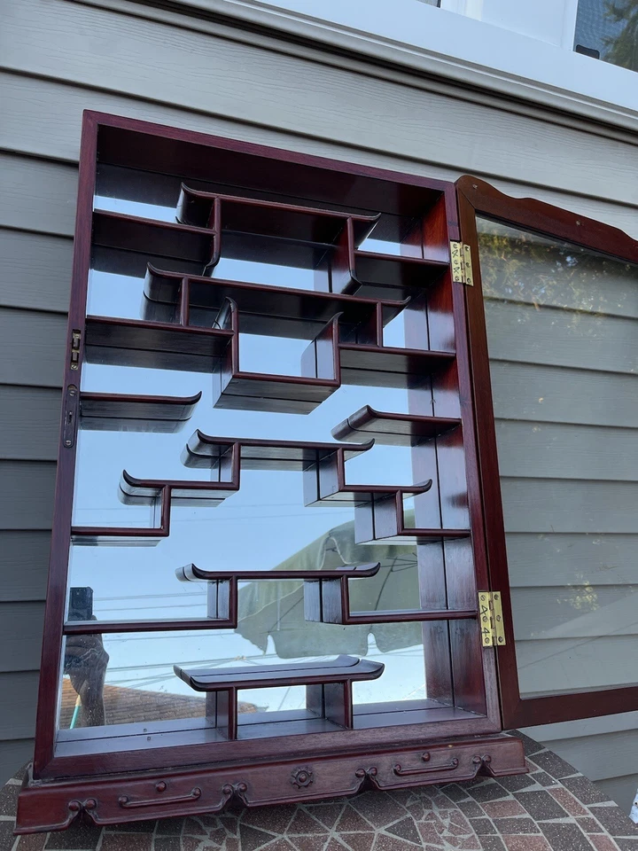 Armario China Vintage Curio Bloqueo Puerta Vidrio Montaje en Pared 18 Estantes Espejo Trasero Foto 3 de 4