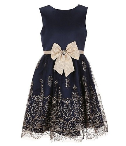 Rare Editions NAVY Big Girls Solid/Glitter-Patterned Fit & Flare Dress, US 12 - Picture 2 of 4
