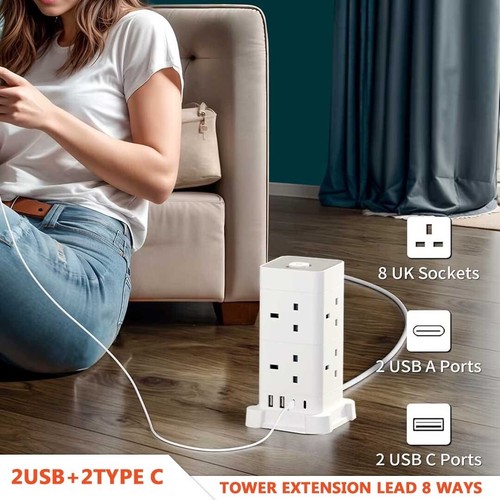 Tower Socket Extension Lead 1.5m 8Way Cable Surge Protected with 4USB Port - Picture 8 of 12