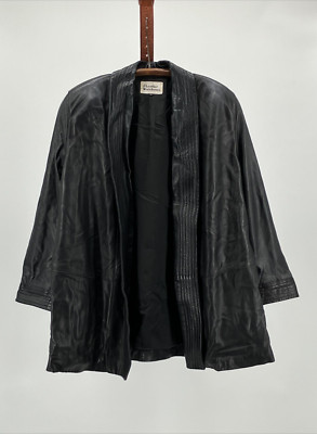 Buttery soft vintage 90's black leather women's oversized coat with shawl S