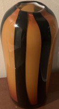 Art Glass Vase 11 x 4.75  Black  Amber Stripe Contemporary Style Heavy