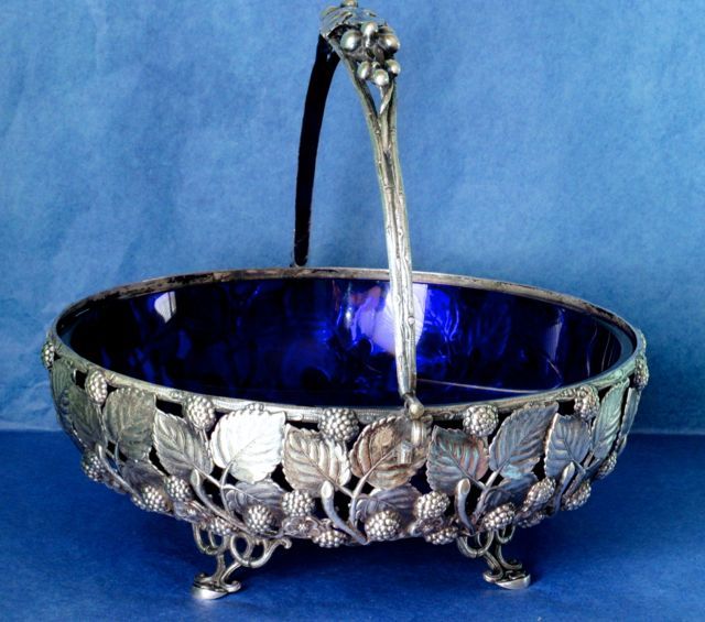 Berndorf Austria Antique Art Nouveau SP Bridal Basket Cobalt Blue Glass ca. 1880