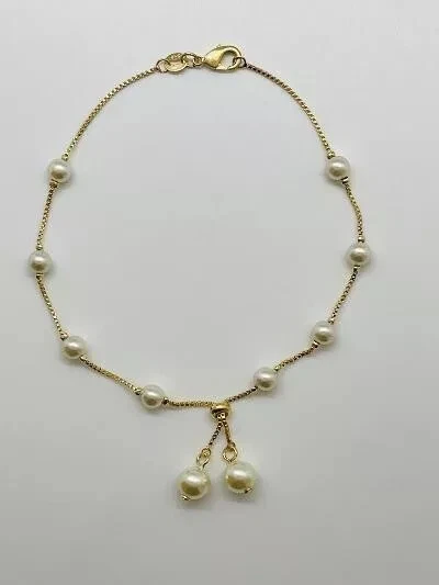 Tobillera de cadena para mujer de perlas creadas en laboratorio de corte redondo de 3 quilates acabado en oro amarillo de 14 quilates Foto 3 de 3