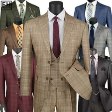 VINCI Men's Sharkskin Glen Plaid Suit 36S-56L, 3-Pc, 7 Colors, Classic - NEW