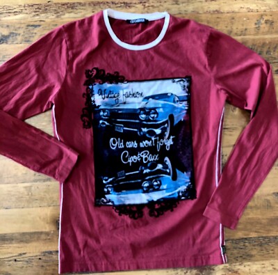 Cipo & Baxx Vintage Fashion Cars T Shirt Long Sleeve Red Velvet Trim Size Small