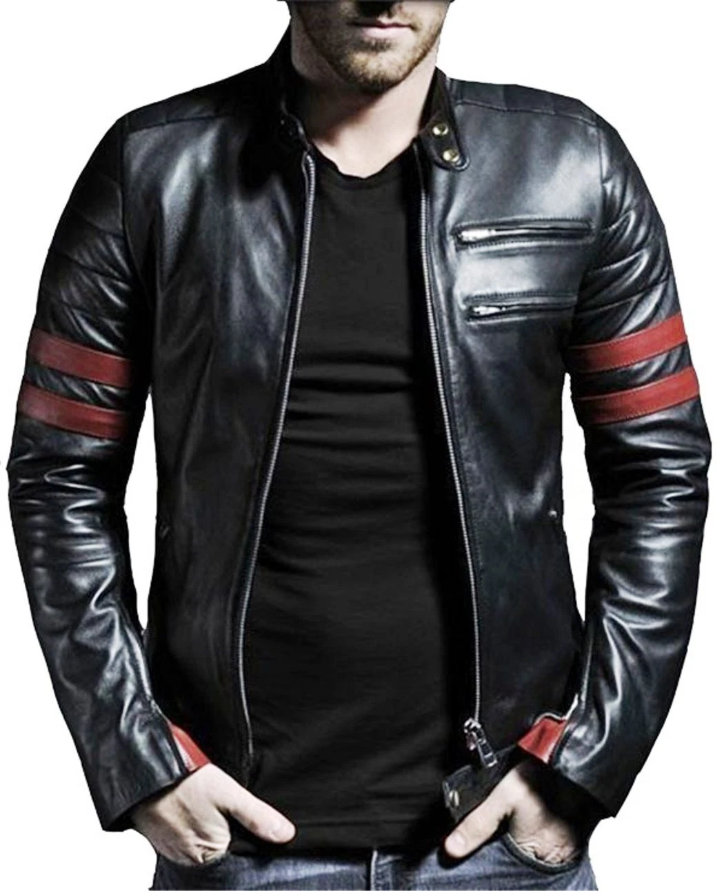 Men Genuine Black Leather Jacket Biker Motorcycle Racer Slim Fit Jacket