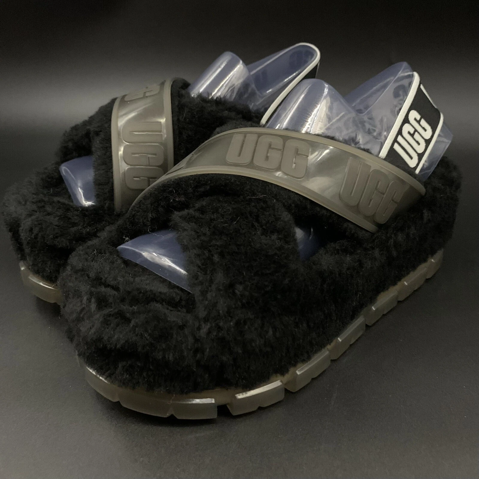 SANDALO SLINGBACK UGG FUZZITA TRASPARENTE CROSS SLIDE DONNA TAGLIA 7 NERO PLATFORM LANA