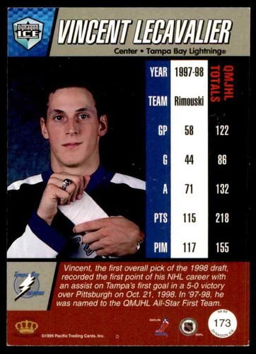 1998-99 Pacific Dynagon Ice Vincent Lecavalier RC #173 - Picture 2 of 2